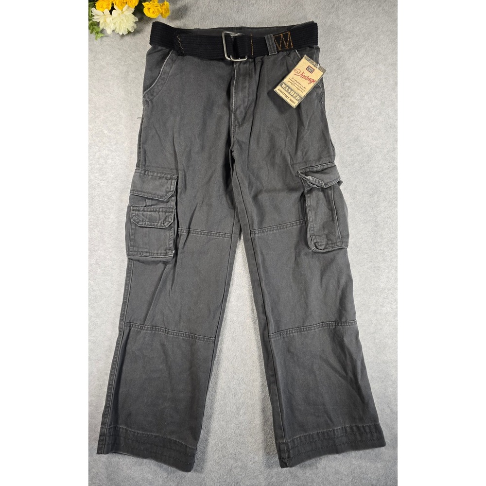 Y2K NWT Faded Glory Boys Belted Cargo‎ Pants Charcoal Dust Size 12 Vintage Wash
